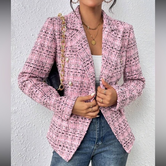 Luxe Plaid Tweed Button Down Blazer Jacket Coat - Picture 9 of 15